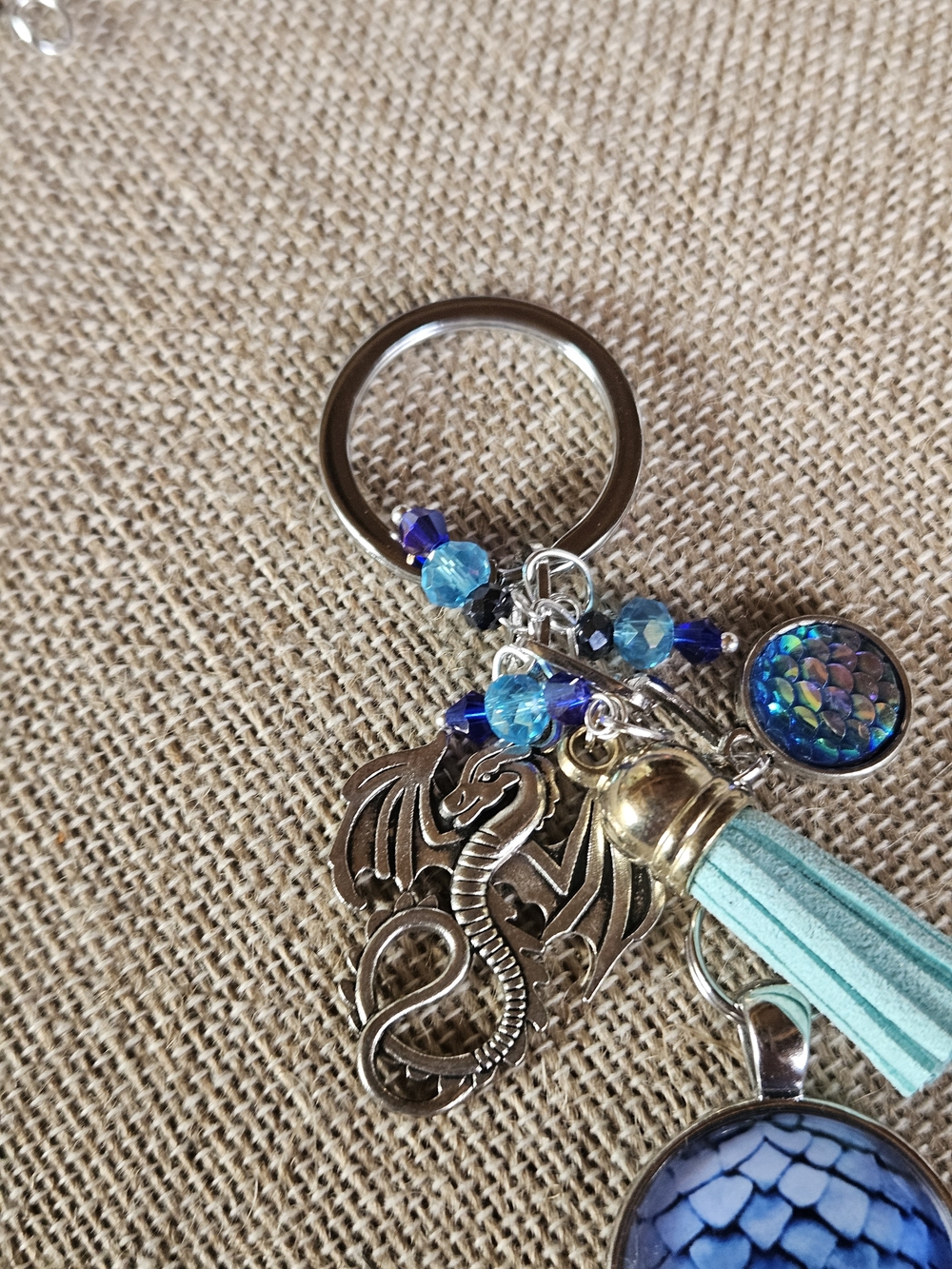 Blue Dragon Scale Keychain with Aqua Tassel - Picture 2 of 6